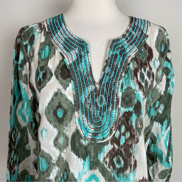 Chico's Green Ikat Print Embroidered Long Sleeve top 1 - Picture 2 of 7